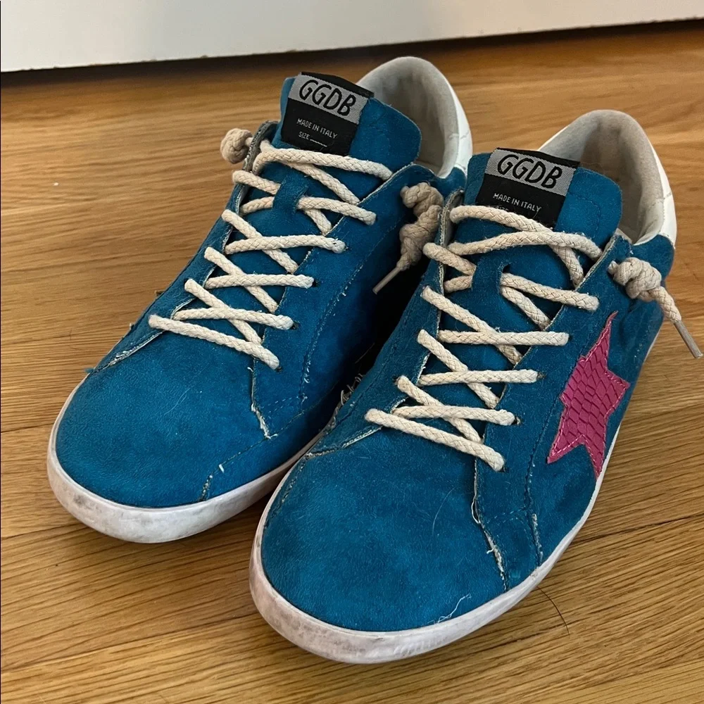 🕶️GGDB Golden Goose SUPERSTAR DISTRESSED TRAINERS IN turquoise w pink star US 11 - Picture 2 of 9